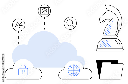 Cloud-based connections emphasize data protection, global reach, and media search. Complemented by strategy symbols, this highlights digital innovation. Ideal for technology, security, strategy