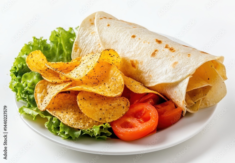 Freshly Prepared Wrap with Crispy Chips and Fresh Vegetables Served on a White Plate in a Bright Kitchen Background Freshly Prepared Wrap with Crispy Chips and Fresh Vegetables Served on a White Plate in a Bright Kitchen Background