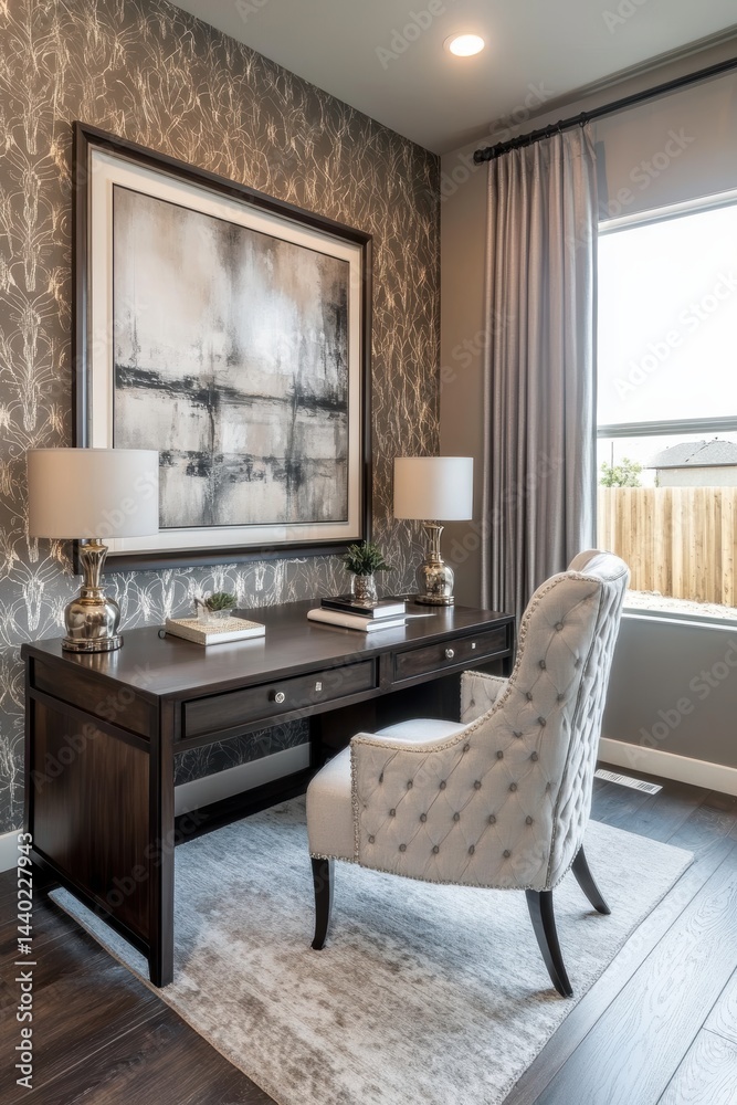 Fototapeta premium Interior home office setup with wooden desk elegant chair and artistic artwork at a modern residence