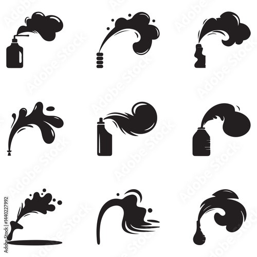 Spray icons set. Simple Vector Black silhouettes fluid spray cloud symbols. with white background