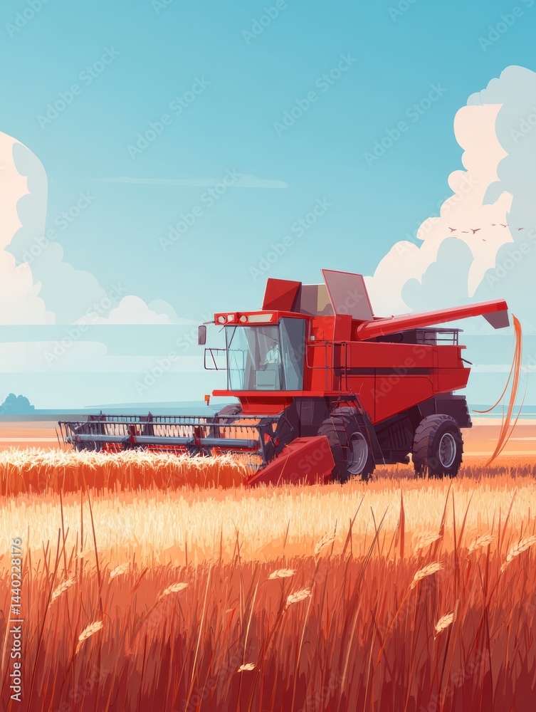 Fototapeta premium Red Combine Harvester at Work in Golden Wheat Field on a Sunny Day with Fluffy Clouds and Birds