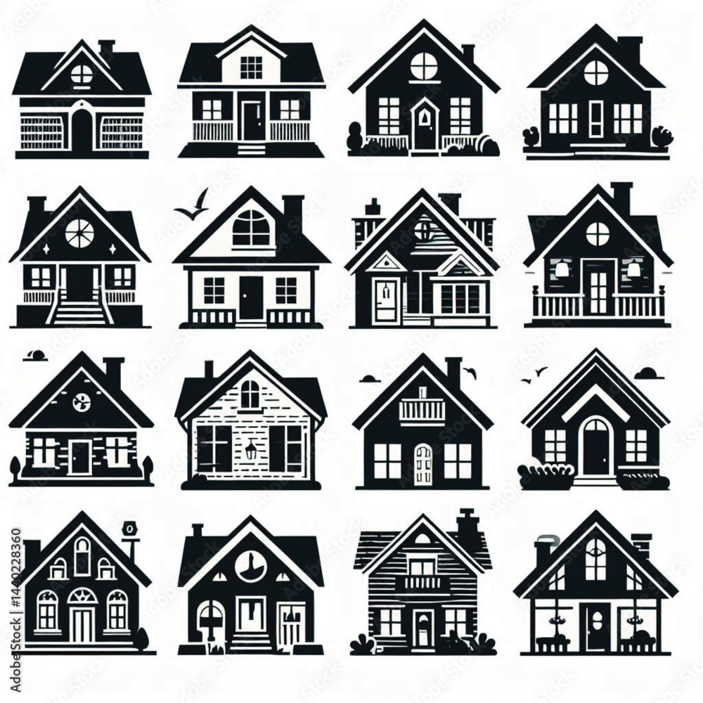 Fototapeta premium Set of house vector icons. Homes clipart symbols. Home pictogram collection silhouette on white Background 
