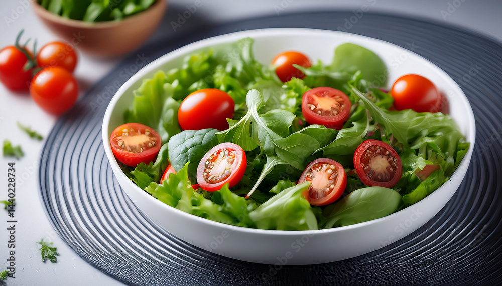 a vibrant salad featuring fresh greens and cherry tomatoes in a white bowl perfect for healthy meals