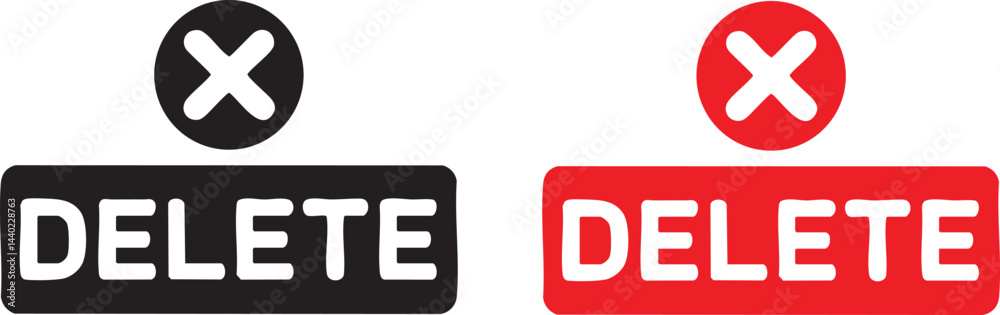 Obraz premium Delete Button Icon Set – Red and Black Flat Design with X Symbol