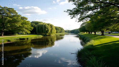 Serene riverside park with walking trails