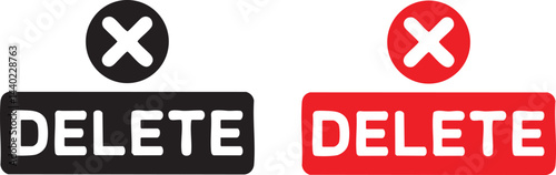 Delete Button Icon Set – Red and Black Flat Design with X Symbol