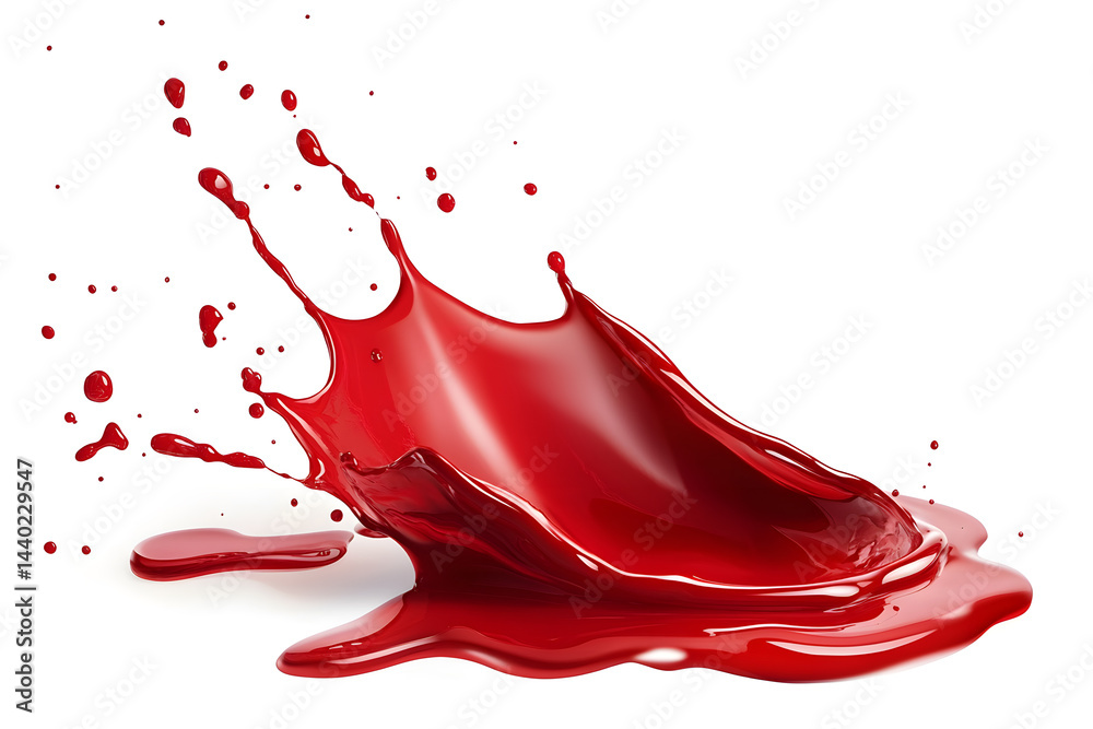Realistic red liquid splash, spilled paint or syrup with glossy red texture and irregular shape, isolated on white backdrop