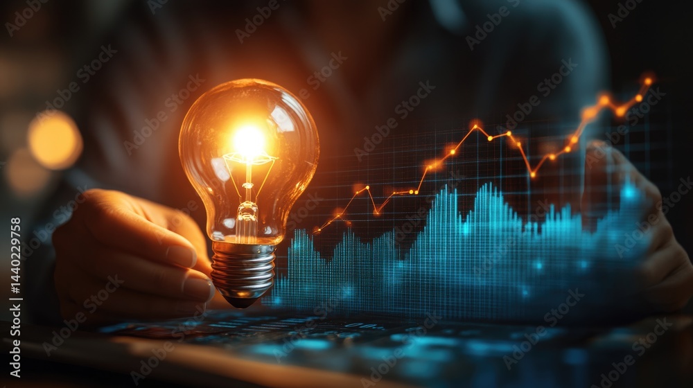 Strategy business planning ideas for investment and business growth. glowing light bulb with futuristic graphic icon.