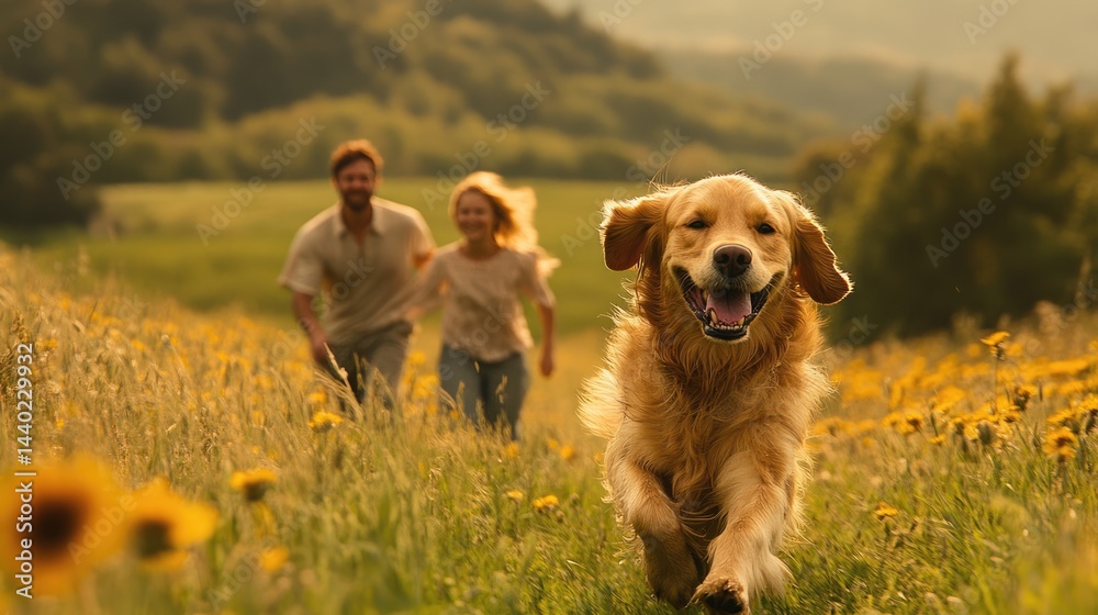 happy family travel on their summer holiday trip together with their cheerful golden retriever dog at beautiful natural area.