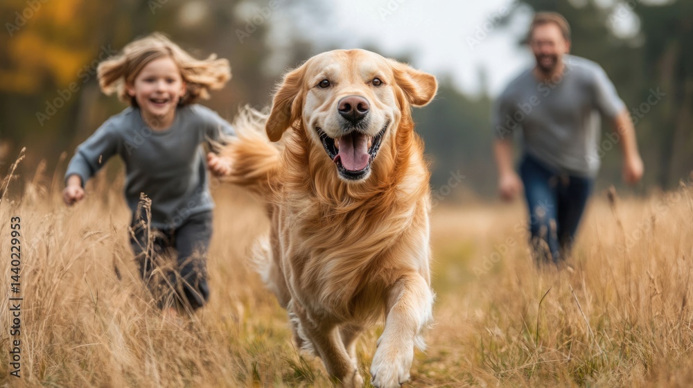happy family travel on their summer holiday trip together with their cheerful golden retriever dog at beautiful natural area.