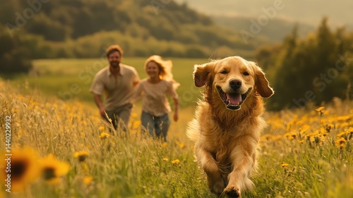 Obraz na płótnie happy family travel on their summer holiday trip together with their cheerful golden retriever dog at beautiful natural area. w salonie