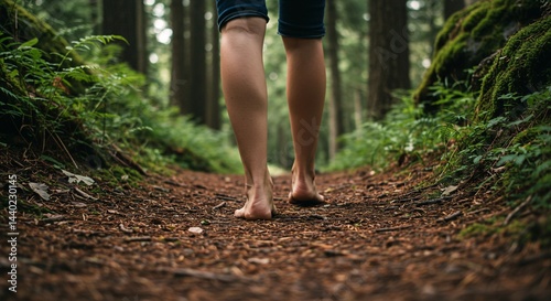 Bare feet walking on a forest path surrounded by green foliage and tall trees in a natural setting
