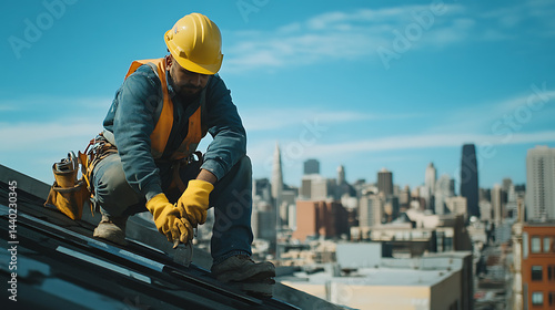 Construction Worker Installing Roof Tiles on Urban Building