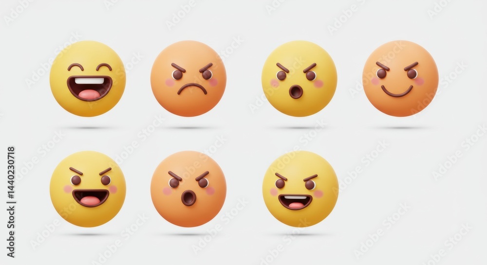 Row of Expressive Round Faces: Yellow and Orange Animated Icons Displaying a Range of Emotions. Row of Expressive Round Faces: Yellow and Orange Animated Icons Displaying a Range of Emotions.