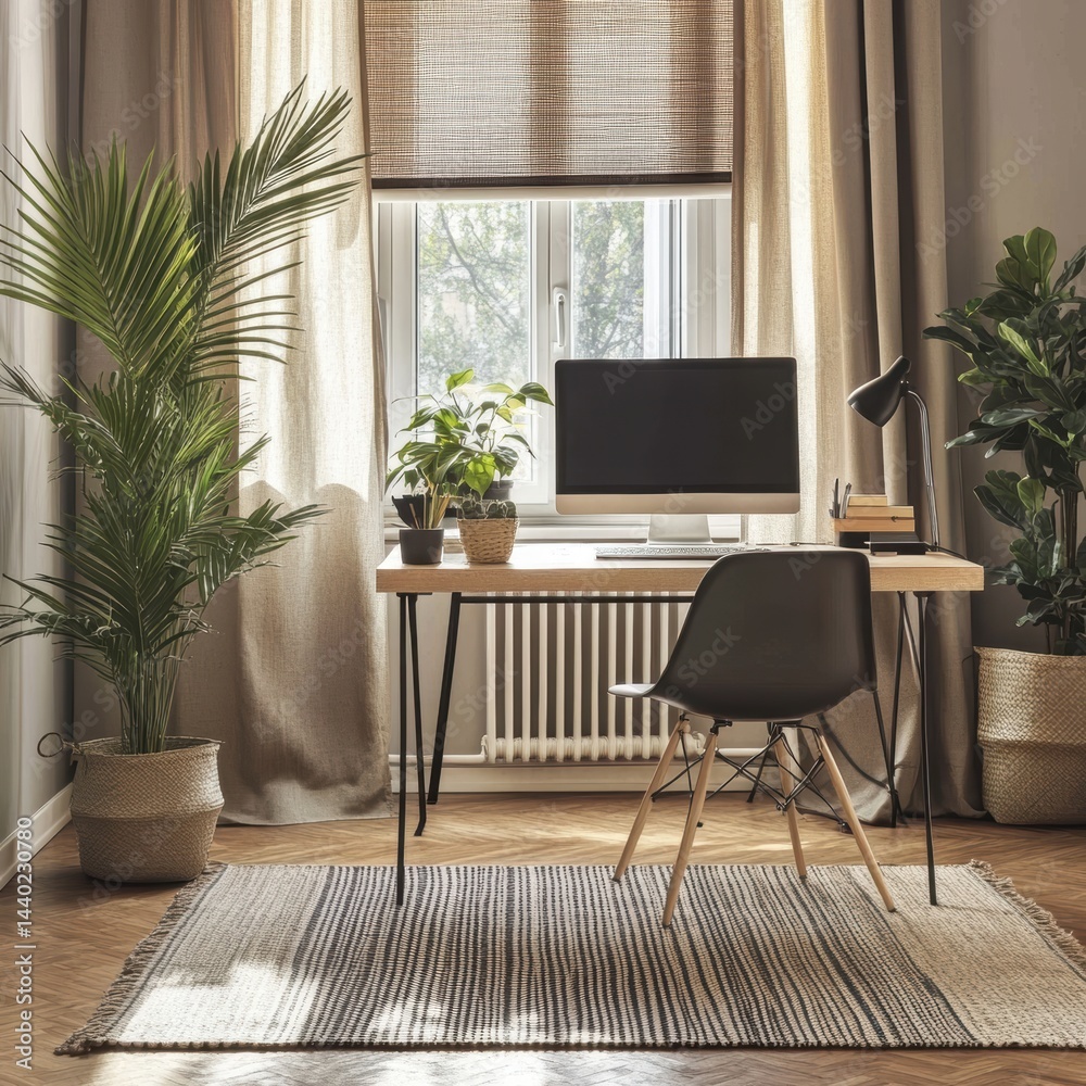 Fototapeta premium Serene workspace with natural light computer houseplants wooden desk chair and striped rug calm home office