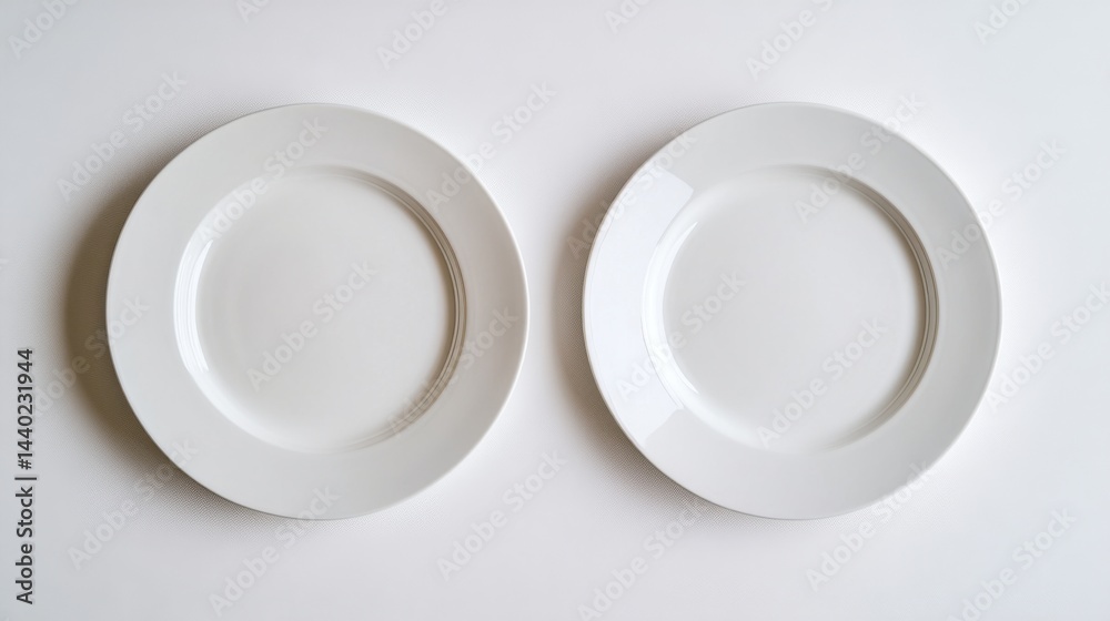 Two large white plates placed symmetrically side by side on a solid white background, captured from above Two large white plates placed symmetrically side by side on a solid white background, captured from above