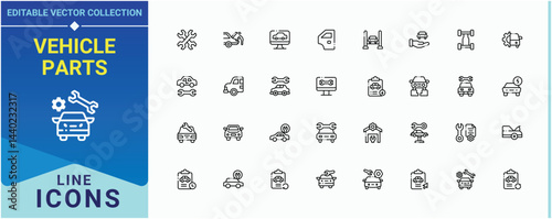 Vehicle Parts line icon set. It contains symbols to part, parts, car, automotive, auto, engine and more. Auto Parts vector line icon set. Minimal icons collection. Editable vector. Pixel perfect.