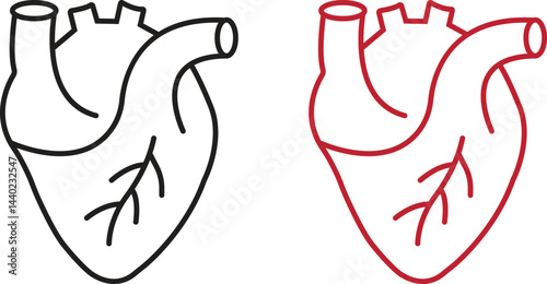 Human heart organ with aorta and arteries black, red outline icon set for medical health, app and websites. Human body organ symbol vectors illustration collection isolated on transparent background.