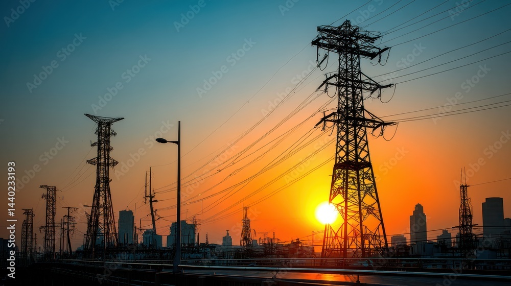 Fototapeta premium Silhouette of power lines against a vibrant sunset, birds in flight, urban landscape in background.