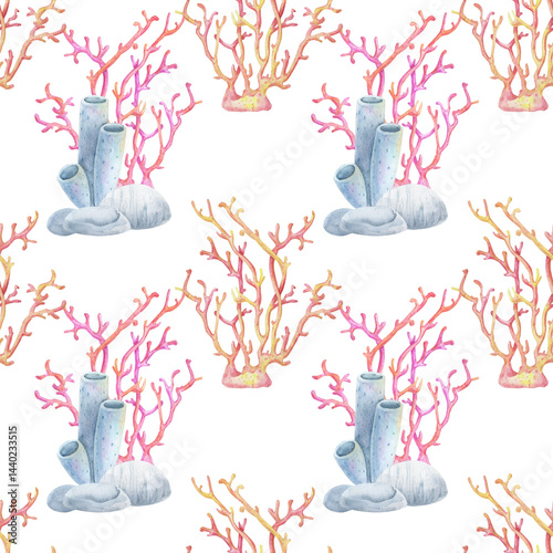 Seamless watercolor pattern of coral reef elements , tube sponges, pink coral and sea stones on a white background. Perfect for marine designs, fabrics, and packaging.