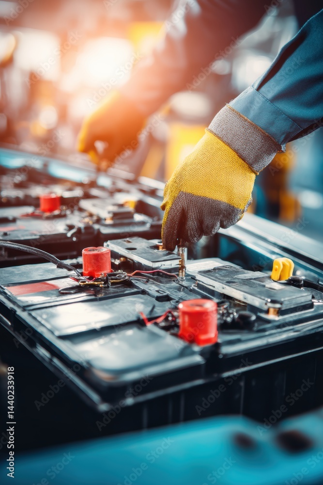 Professional auto mechanic technician performing maintenance on car batteries in workshop automotive service Professional auto mechanic technician performing maintenance on car batteries in workshop automotive service