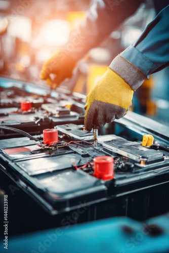 Professional auto mechanic technician performing maintenance on car batteries in workshop automotive service