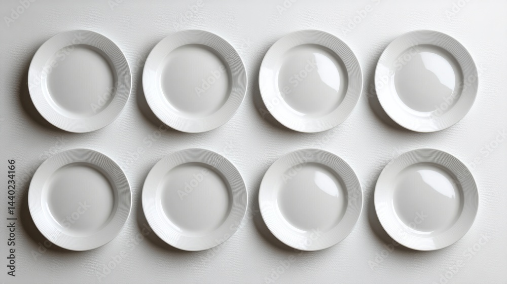 A top-down photo of twelve white plates placed side by side, with even spacing, on a seamless white background A top-down photo of twelve white plates placed side by side, with even spacing, on a seamless white background