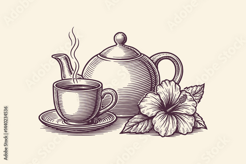 Tea pot and cup with hibiscus flower, black and white vintage engraving style