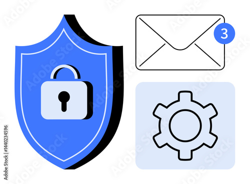 Blue security shield with a key lock, envelope with notification badge, and a settings cogwheel. Ideal for cybersecurity, privacy, email management, secure communication, data protection, IT