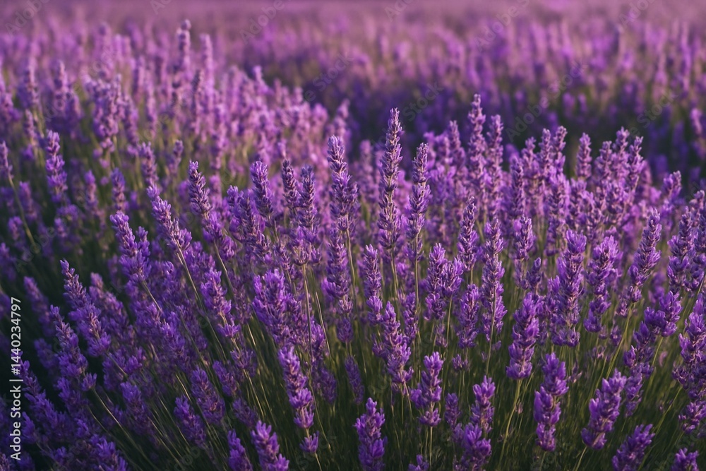 Obraz premium Field of lavender in bloom captured as natural scenic background ideal for relaxing desktop wallpapers, travel ads, calming mobile screens, and premium marketing visuals