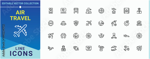 Air Travel icon set. Related to aircraft, jet, airport, travel, air, transport and more. Aviation icon set in linear style. Vector icons collection. Art and illustration.