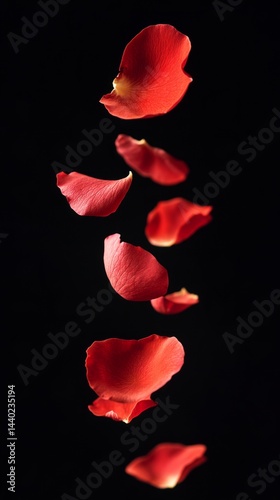 Bright red rose petals falling against a dark background, creating a romantic and elegant visual