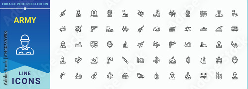 Set of Army line icon. Contains such symbols as warfare, force, navy, weapon, soldier and more. Minimal thin line web icons set. Warfare icon set. Editable vector illustration.