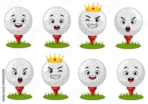 Set of Fun Golf Balls with Expressions on Tee, Perfect for Sports Apparel Transparent Background 
