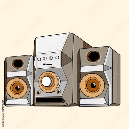 Sound speakers, subwoofer icons, acoustic audio systems for concert or party equipment, home cinema stereo system illustration 80s listen nostalgia for Printing tshirt or paper print