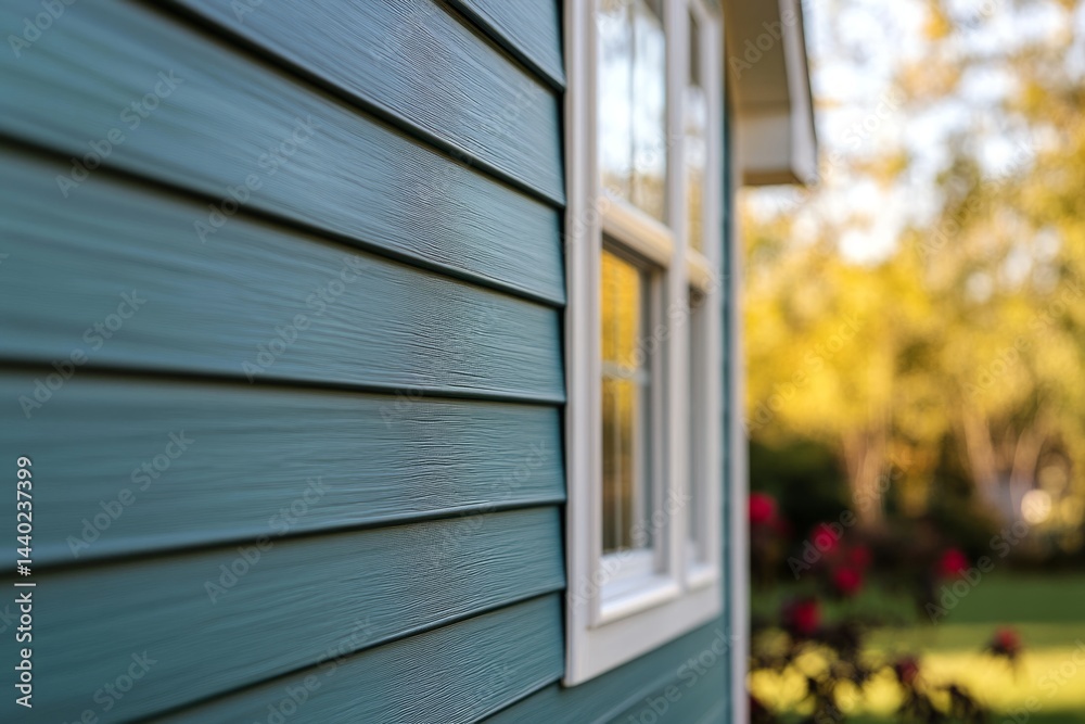 Fototapeta premium Vinyl siding covering modern house exterior with window and blurred garden background, showcasing home renovation and improvement