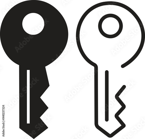 Key icons set in flat, outline styles. Open door symbols, privacy and escape vectors. Lock or unlock sign. Padlock. Password and access sign illustration collection isolated on transparent background.