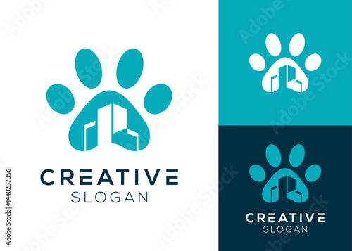 Dog or cat paw with building logo design for veterinary and pet
