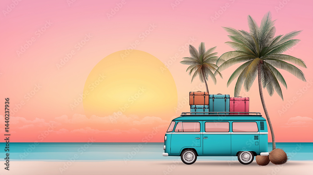 Fototapeta premium Cute cartoon vector illustration in flat style: Sandy beach with bright blue van holiday travel carrying luggage ,coconut trees ,horizon and sunrise with soft colors summer dawn,background.