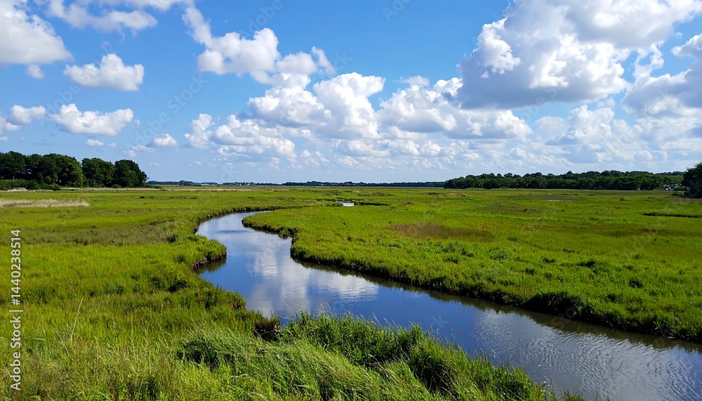 Obraz premium Serene Meadow Landscape with Meandering Stream Under Bright Blue Sky and Fluffy White Clouds