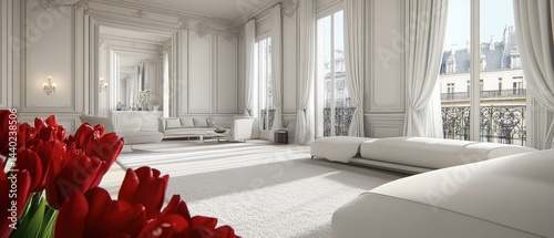 Elegant Parisian Apartment with Red Tulips White Interior Decor Luxurious Design and View