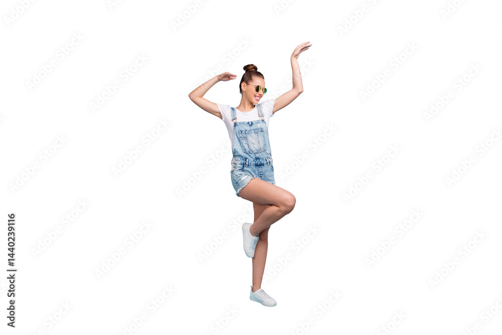 Full length body size photo of chilling rejoicing enjoying her vacation girlfriend dancing over blue background she is isolated with Full length body size photo of chilling rejoicing enjoying her vacation girlfriend dancing over blue background she is isolated with