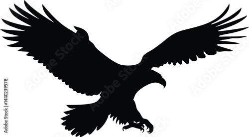 Eagle in Flight Silhouette – Bold Black and White Vector with Spread Wings and Striking Outline