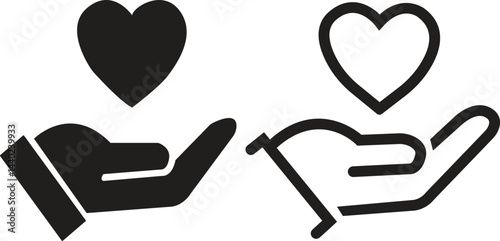 Heart in hand flat, outline icons set. Love vectors. Health and medicine symbol. Healthcare hands holding heart sign. Save, care life symbol. Donation, giving aid isolated on transparent background.