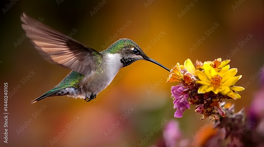 Obraz premium Hummingbird Feeding on Colorful Flower, Nature Photography