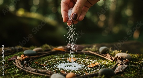 A hand sprinkling white crystals over a circle of twigs and stones on mossy ground outdoors photo