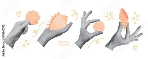 Set of collage hands holding seashells. Summertime, vacations concept. 