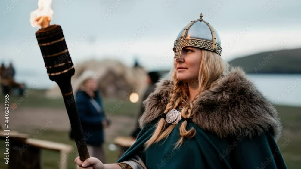 Viking woman carrying torch on coastal viking village adventure