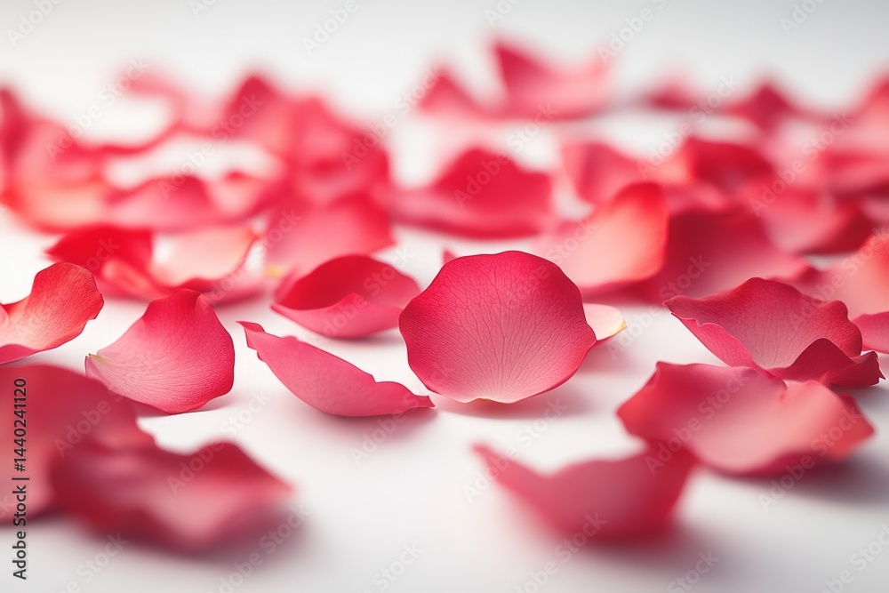Soft pink rose petals scattered on a pristine white background, creating a romantic and elegant atmosphere Soft pink rose petals scattered on a pristine white background, creating a romantic and elegant atmosphere