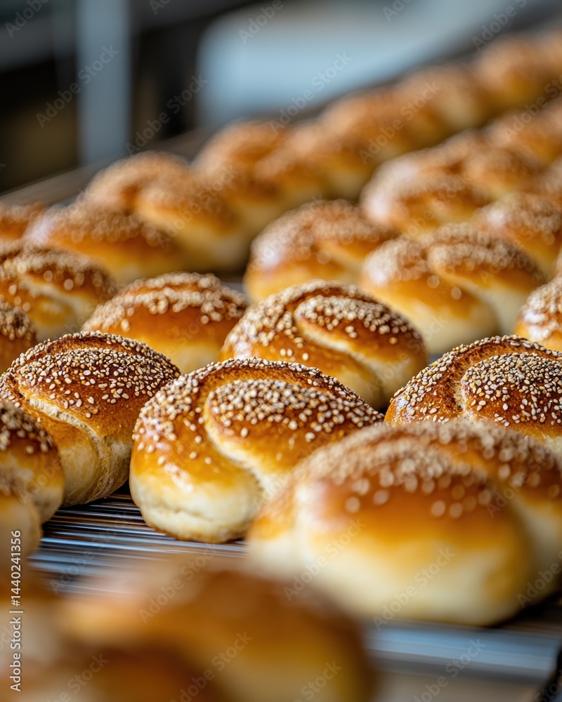 Freshly Baked Braided Bread Rolls Sprinkled with Sesame Seeds Displayed on a Metal Cooling Rack in a Bakery Freshly Baked Braided Bread Rolls Sprinkled with Sesame Seeds Displayed on a Metal Cooling Rack in a Bakery